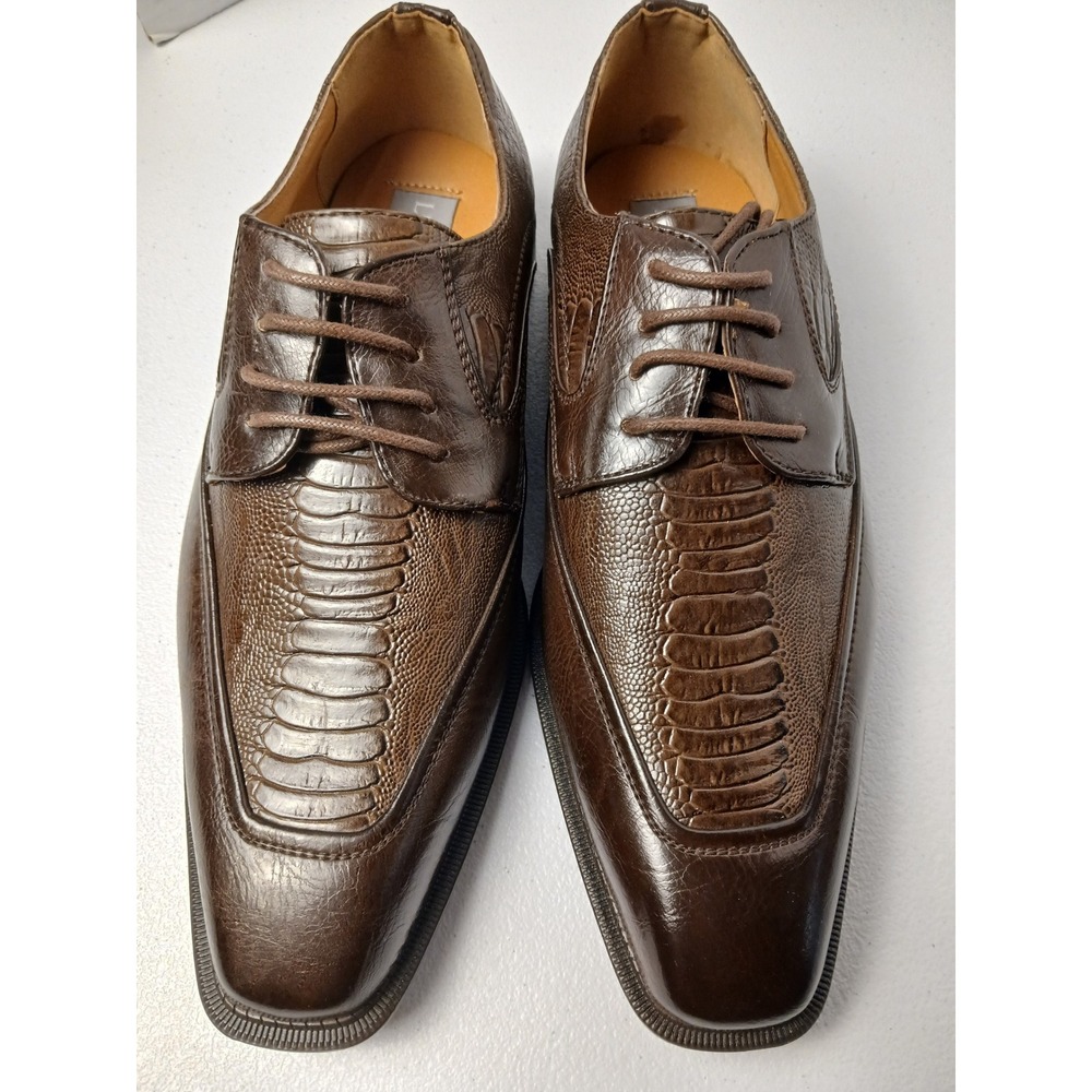 Lucio Ricci Mens Brown Crocodile Ostrich Embossed Square Toe Derby‎ Shoes